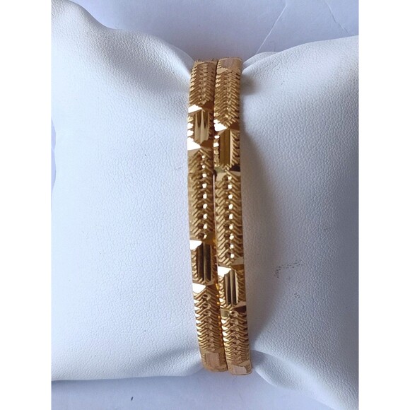 Indian Gold Plated Bangles Set Of 2 Etched 9.42 Inches - Picture 2 of 4